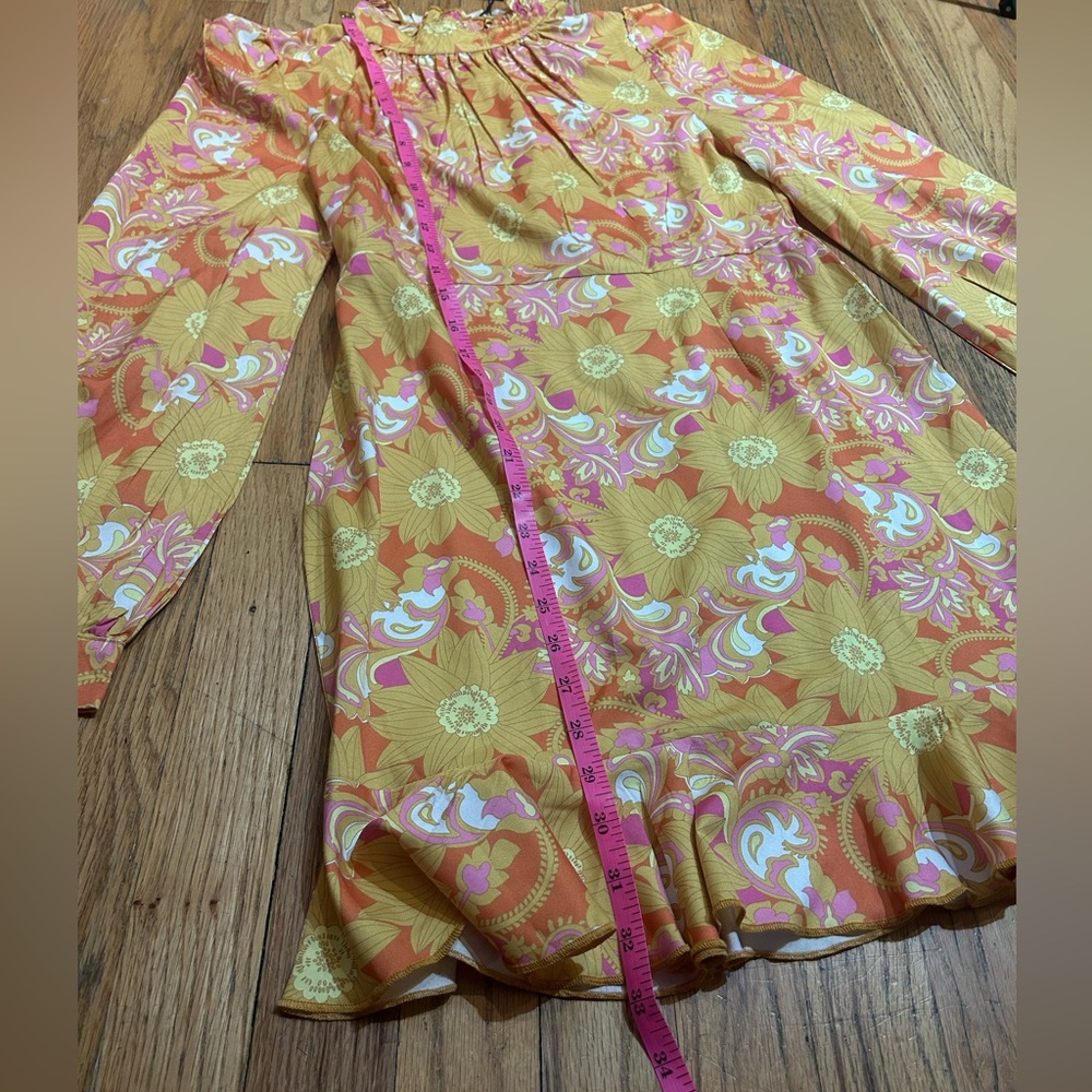 NWT CIDER orange yellow retro floral long sleeve ruffle hem mini dress - Picture 6 of 9